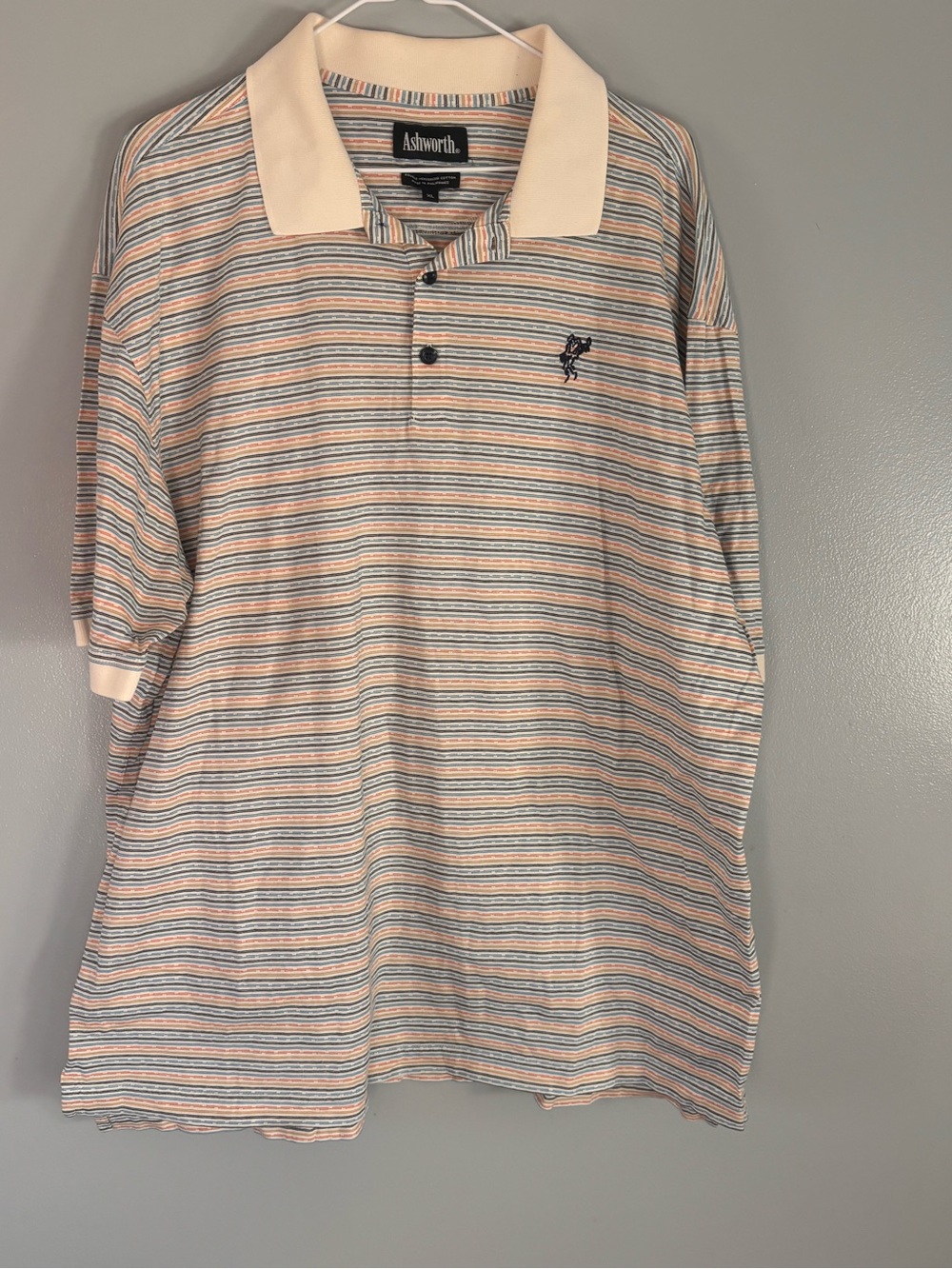Ashworth Men’s Golf Shirt. XL. Cream with multi color strips. Collared.